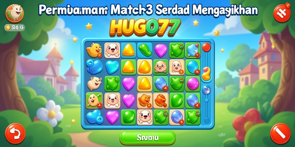 Tampilan menarik dan seru dari gameplay HUGO77 Match-3.