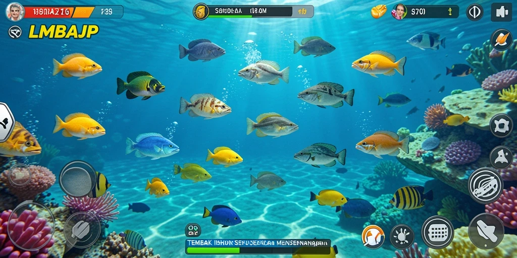 Tampilan gameplay seru dalam LMBAJP dengan ikan berwarna-warni.
