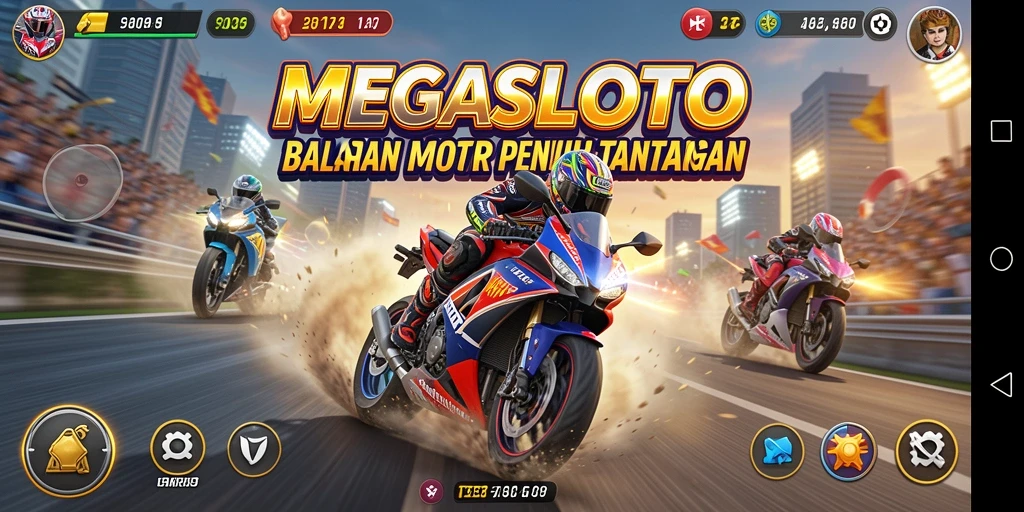Screenshot gameplay MEGASLOTO menampilkan aksi balapan motor yang mendebarkan.